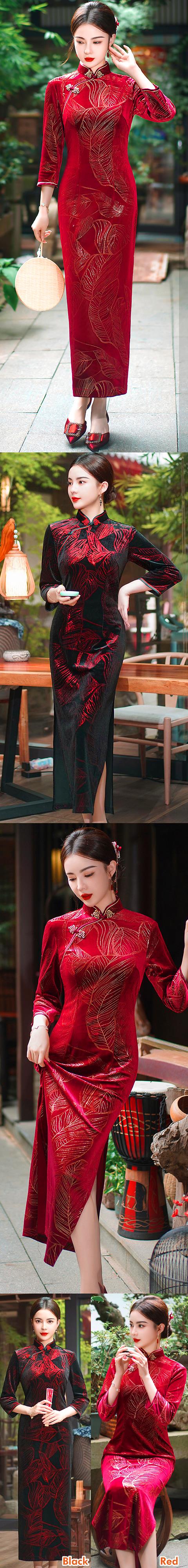 3/4-sleeve Long-length Velvet Cheongsam (RM)