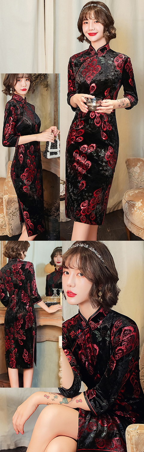 3/4-sleeve Mid-length Velvet Cheongsam (RM)