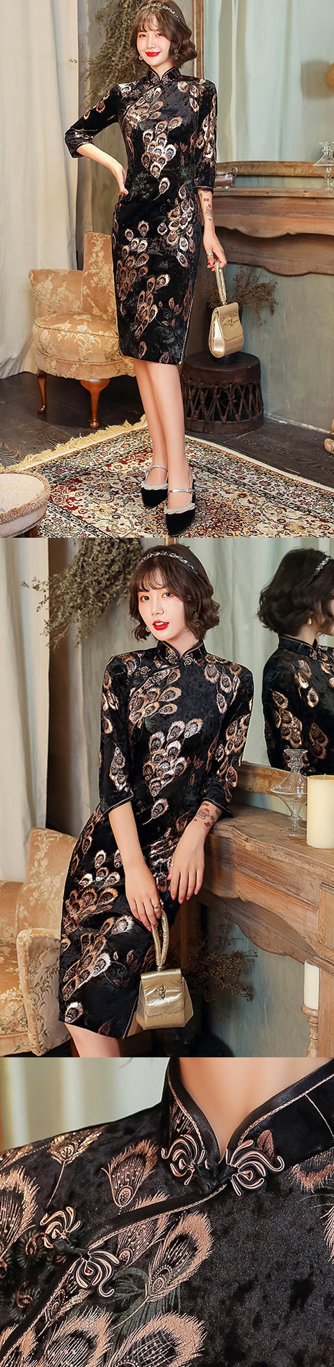 3/4-sleeve Mid-length Velvet Cheongsam (RM)