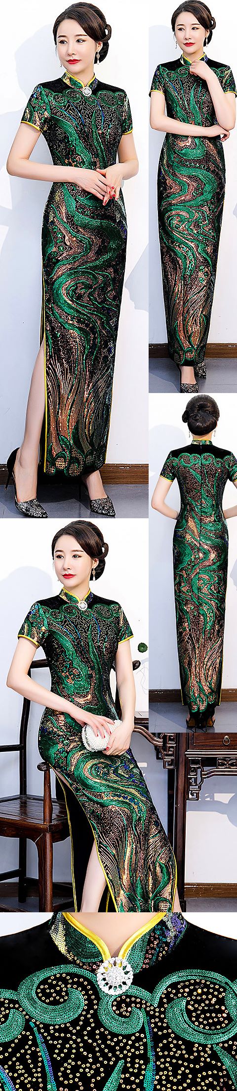 Gorgeous Abstract Pattern Embroidery Long-length Cheongsam (RM)