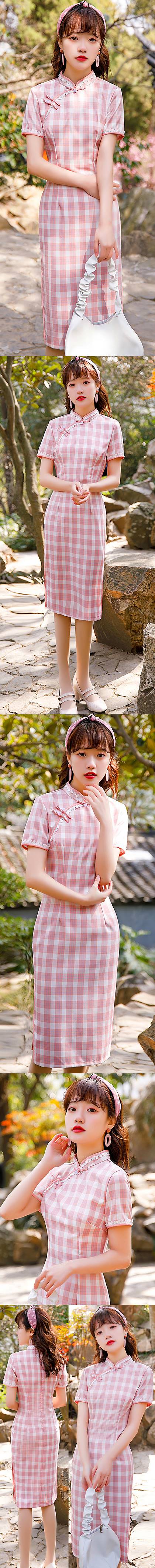 Short-sleeve Mid-length Checkered Cheongsam (RM)