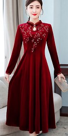 Long-sleeve A-line Velvet Embroidery Cheongsam (RM)