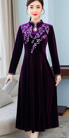 Long-sleeve A-line Velvet Embroidery Cheongsam (RM)