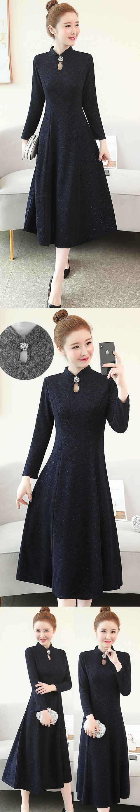Long-sleeve A-line Embossed Embroidery Cheongsam - Dark Navy (RM)