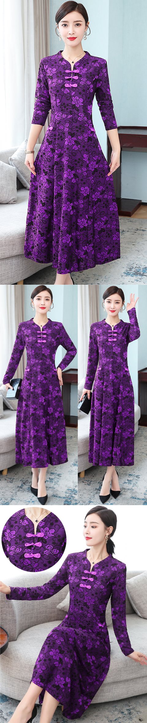 Long-sleeve A-line Embossed Embroidery Cheongsam (RM)