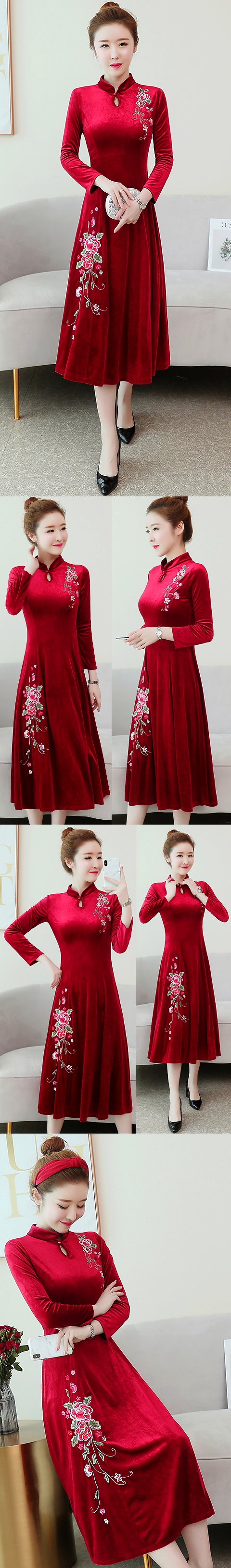 Long-sleeve A-line Velvet Cheongsam (RM)