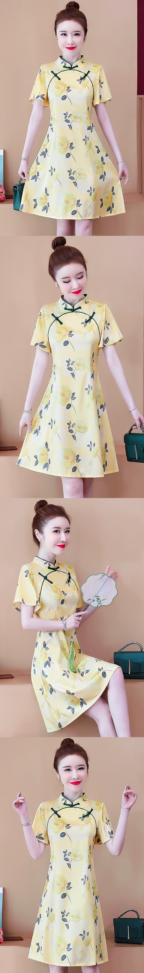 Flutter-sleeve Mid-length Exquisite Printing Cheongsam (RM)