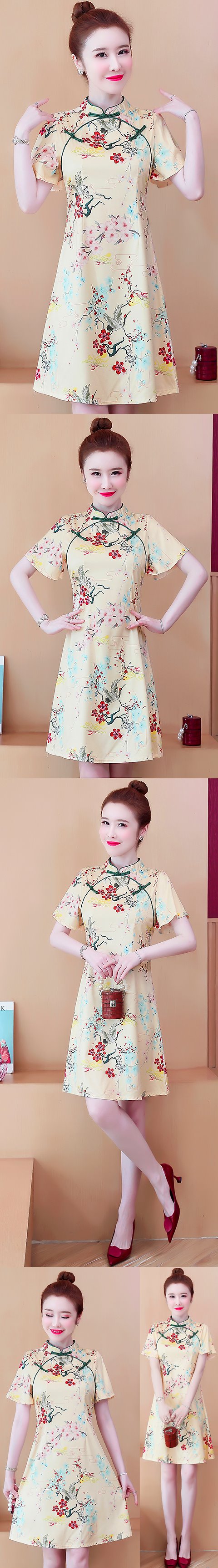 Flutter-sleeve Mid-length Exquisite Printing Cheongsam (RM)