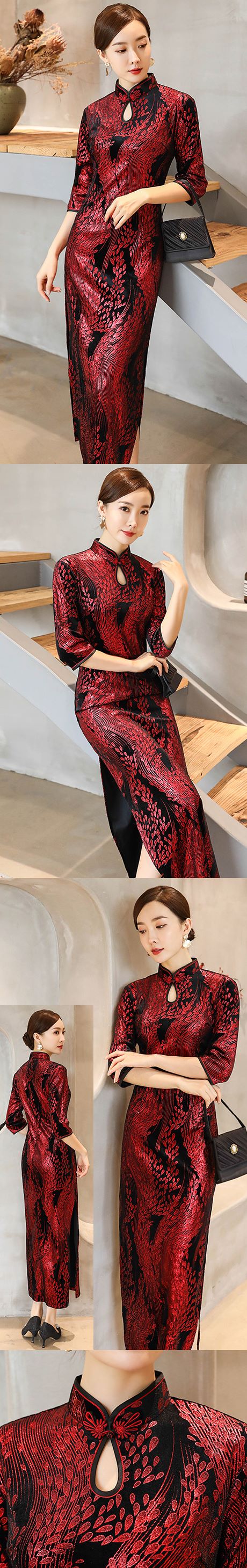 Elbow-sleeve Long-length Velvet Cheongsam (RM)
