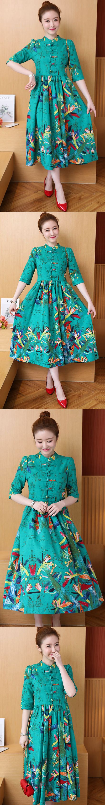 Ethnic Cotton Linen Pleated Cheongsam Dress (RM)