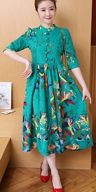Ethnic Cotton Linen Pleated Cheongsam Dress (RM)