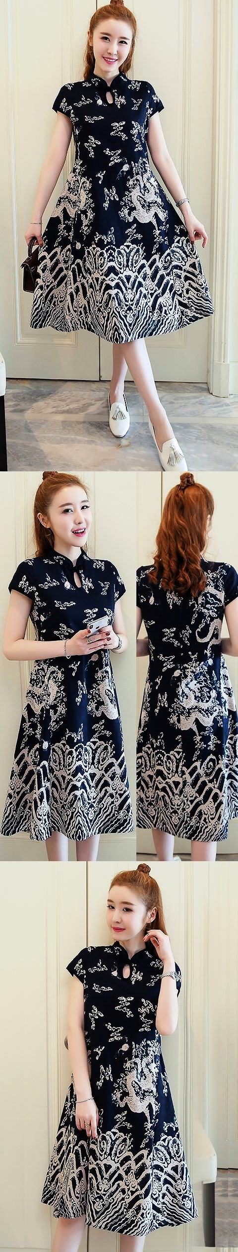 Ethnic Dragon-printing Dress-Navy Blue (RM)