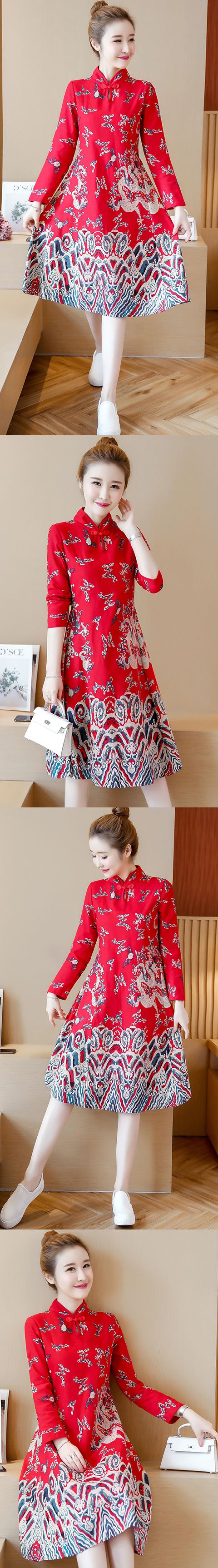 Ethnic Dragon-printing Dress-Red (RM)