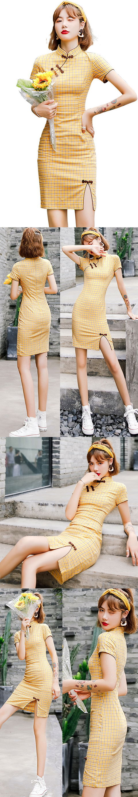 Cotton Linen Short-length Checkered Cheongsam Dress (RM)