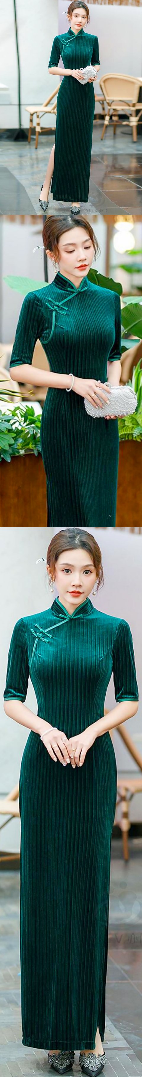 Long-length Elbow-sleeve Stripe Velvet Cheongsam (RM)