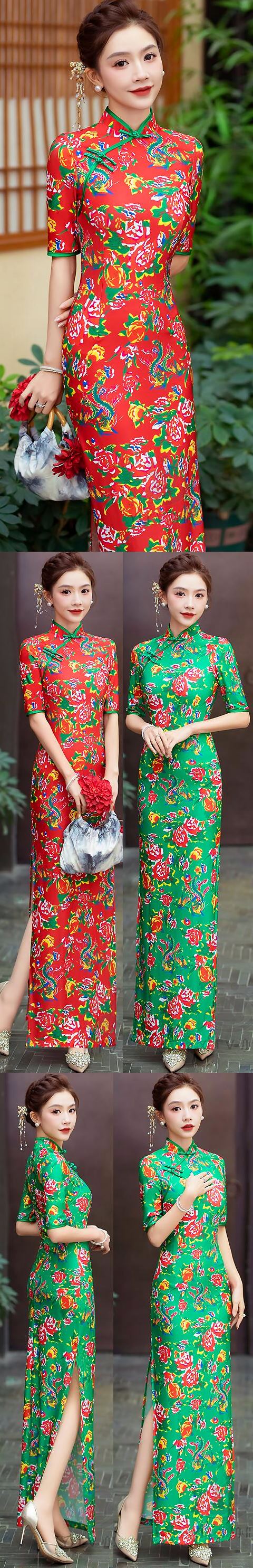 Long-length Elbow-sleeve Printing Cheongsam (RM)