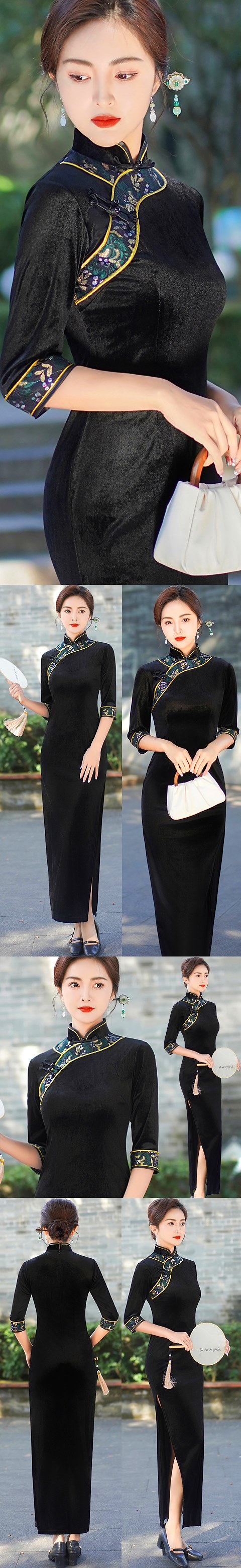 Long-length Elbow-sleeve Velvet Cheongsam (RM)