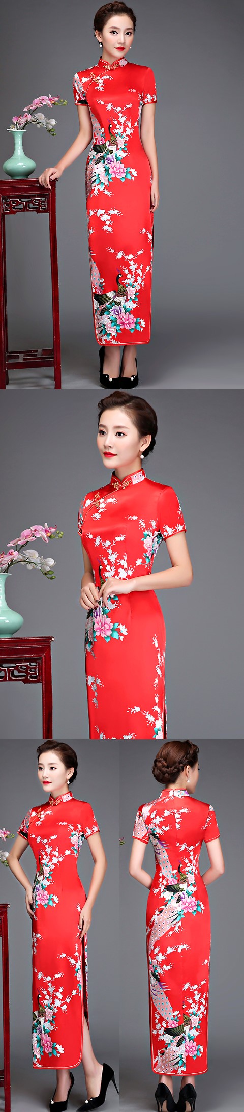 Short-sleeve Long-length Silky Cheongsam (RM)