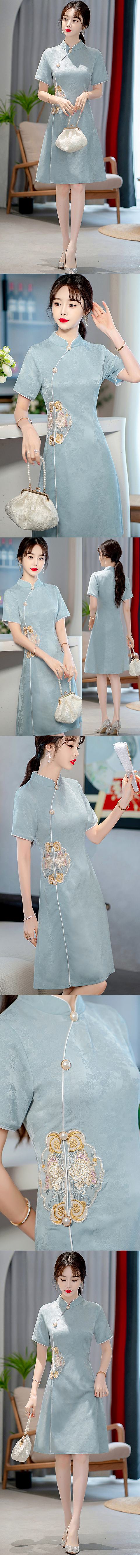 Modernized Short-sleeve Jacquard Mid-length Cheongsam (RM)