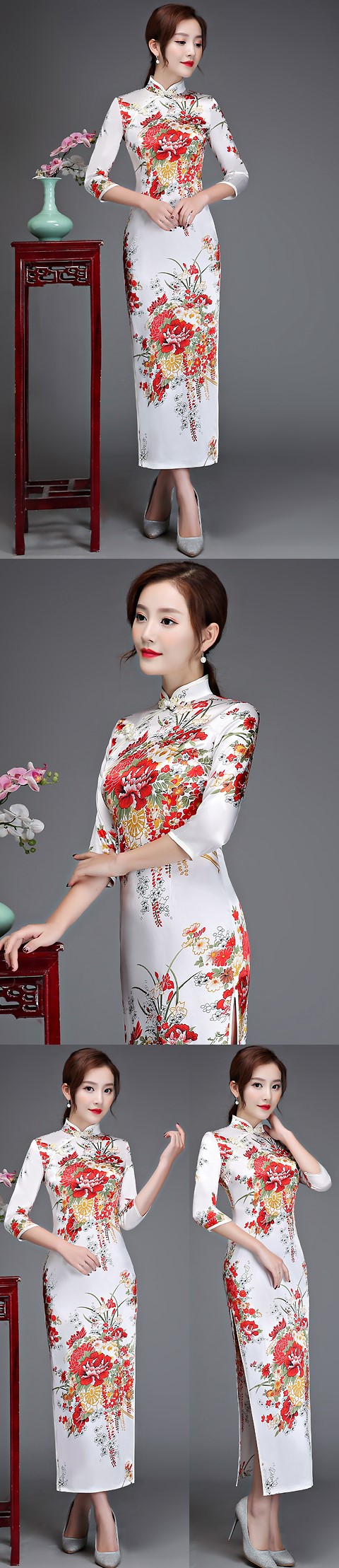 3/4-sleeve Long-length Cheongsam (CM)