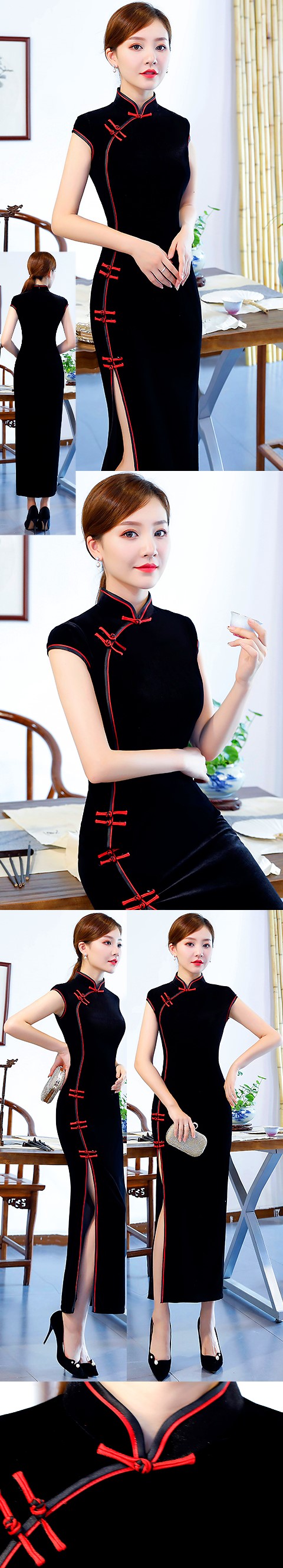Cup-sleeve Long-length Velvet Cheongsam (CM)