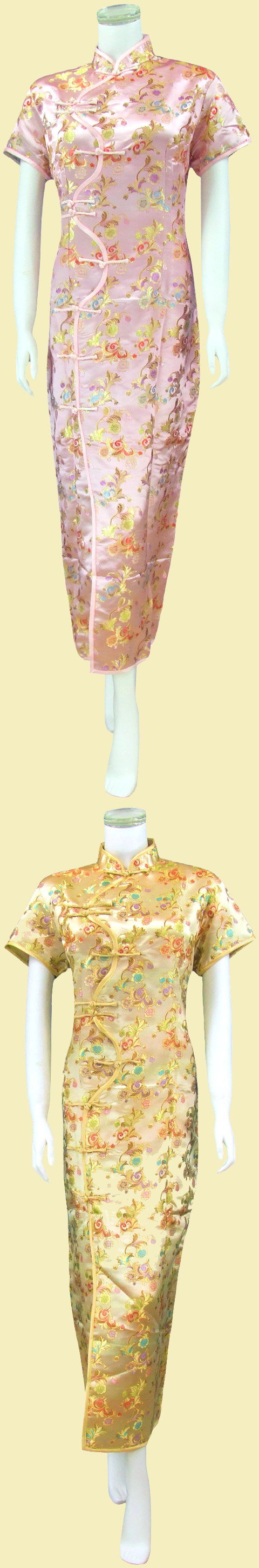 Bargain - Short-sleeve Long Brocade Cheongsam Dress