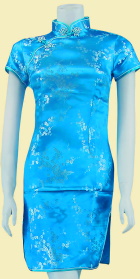 Bargain - Short-sleeve Short Brocade Cheongsam Dress - Sky Blue