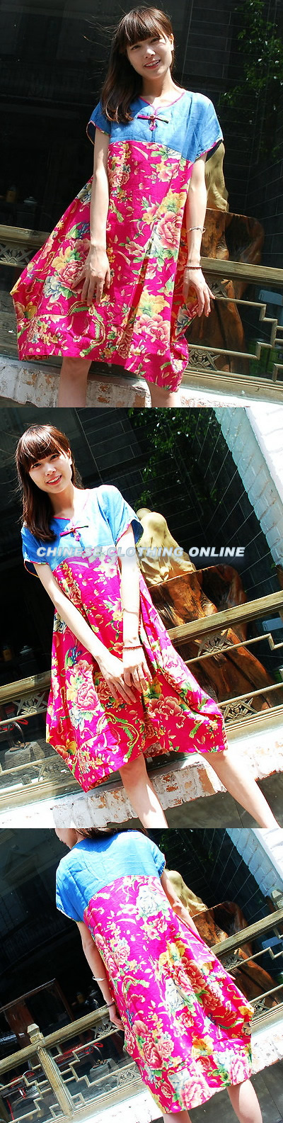 Ethnic Short-sleeve Printing Patch Puff Dress (CM)