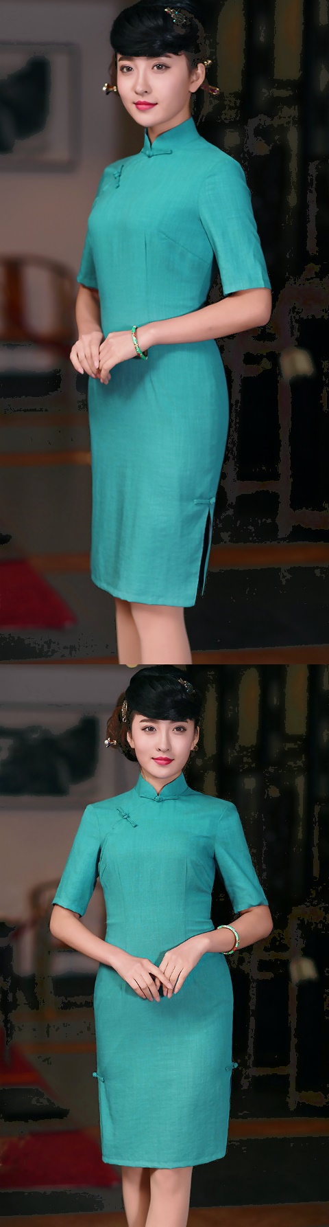Elbow-sleeve Cotton-linen Mid-length Cheongsam (CM)