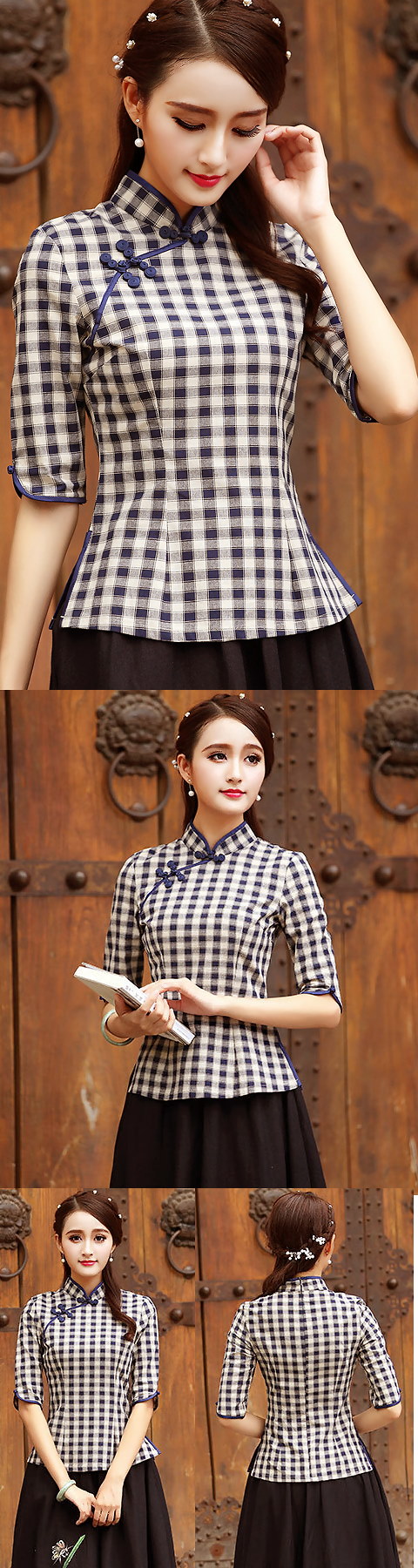 3/4-sleeve Linen-cotton Checkered Ethnic Blouse (RM)
