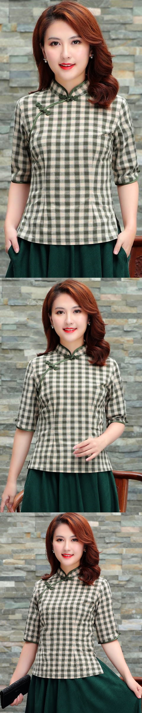 3/4-sleeve Linen-cotton Checkered Ethnic Blouse (RM)