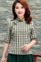 3/4-sleeve Linen-cotton Checkered Ethnic Blouse (RM)