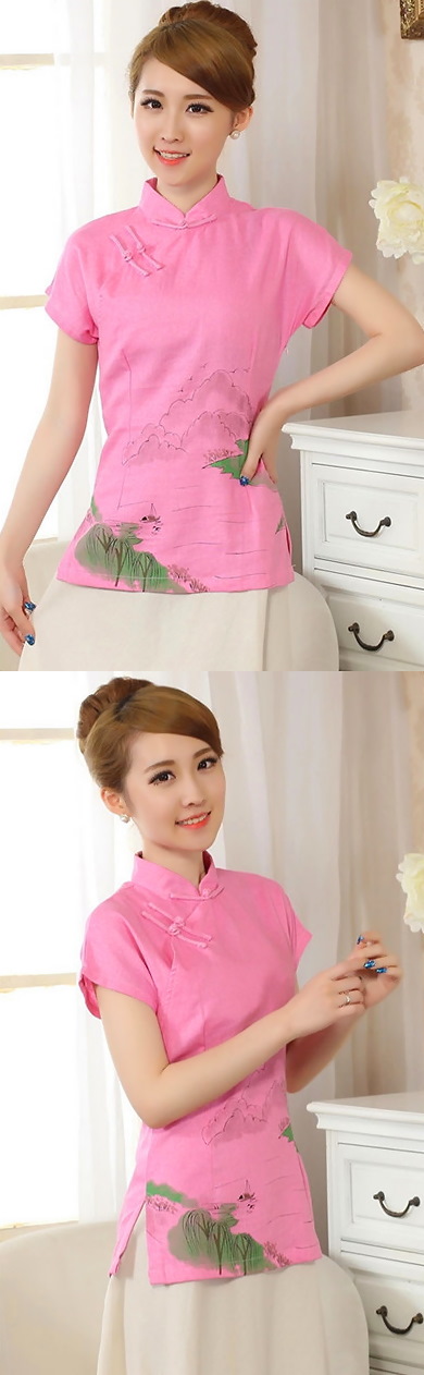 Hand-Painting Cotton Linen Short-sleeve Blouse (RM)