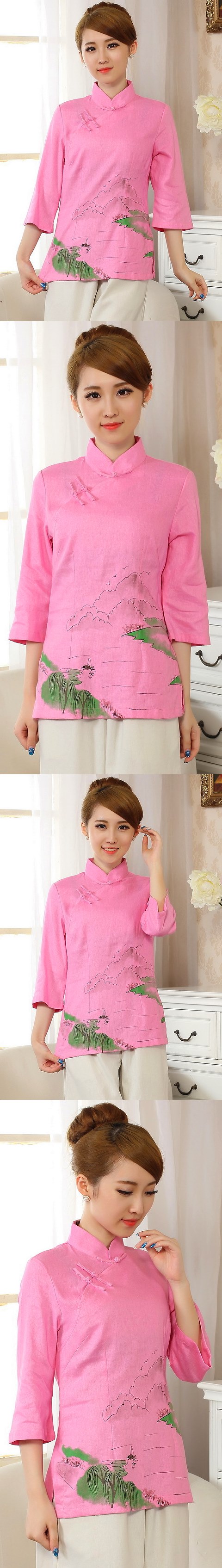 Hand-Painting Cotton Linen 3/4-sleeve Blouse (RM)