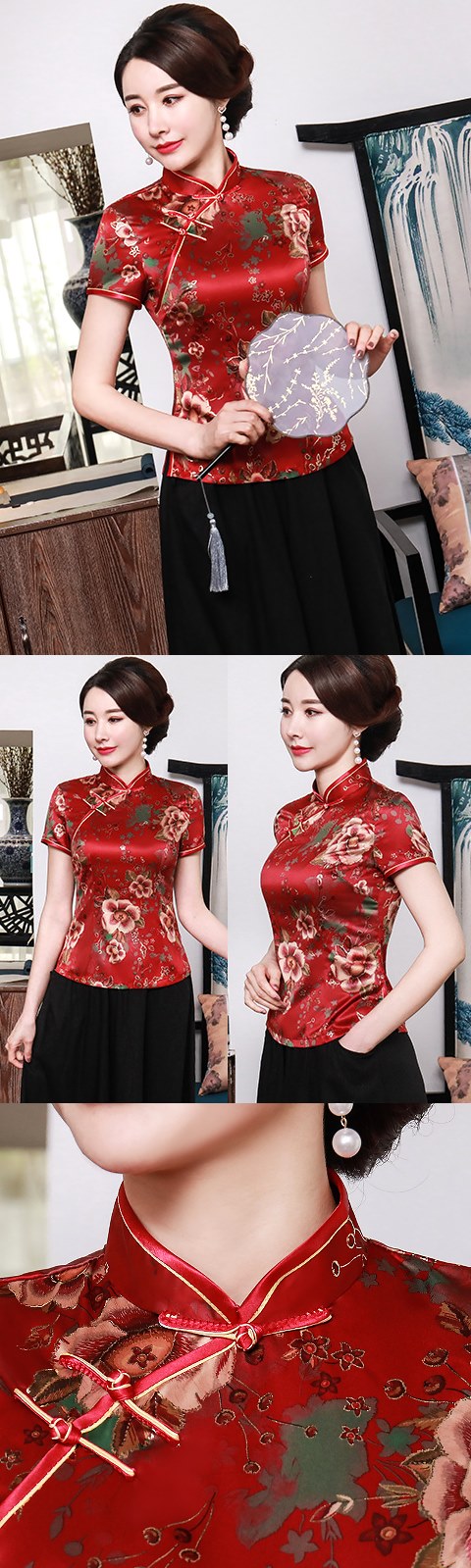 Short-sleeve Silk Printing Mandarin Blouse (RM)