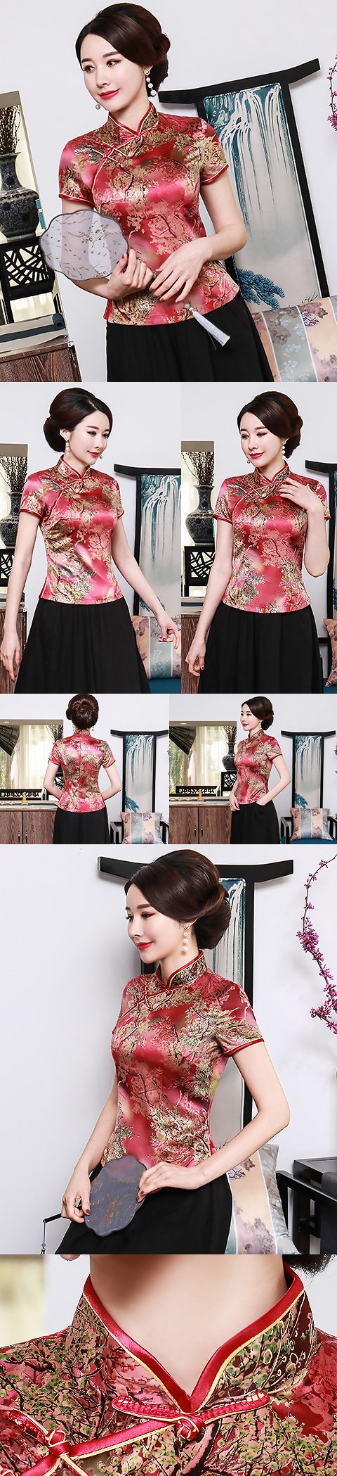 Short-sleeve Silk Printing Mandarin Blouse (RM)