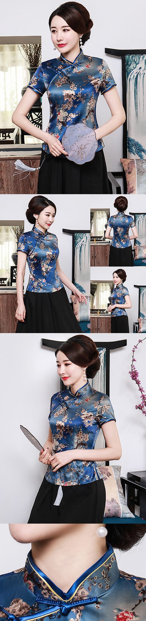 Short-sleeve Silk Printing Mandarin Blouse (RM)