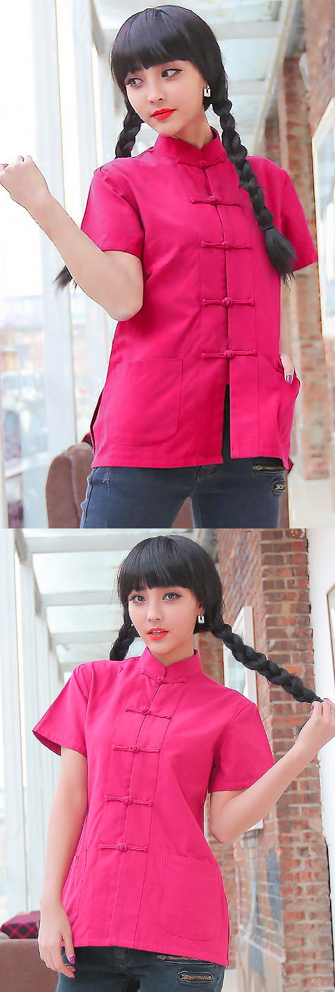 Mandarin Plain Cotton Short-sleeve Blouse (RM)