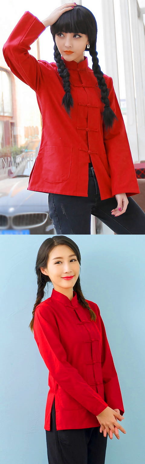 Mandarin Plain Cotton Long-sleeve Blouse (RM)