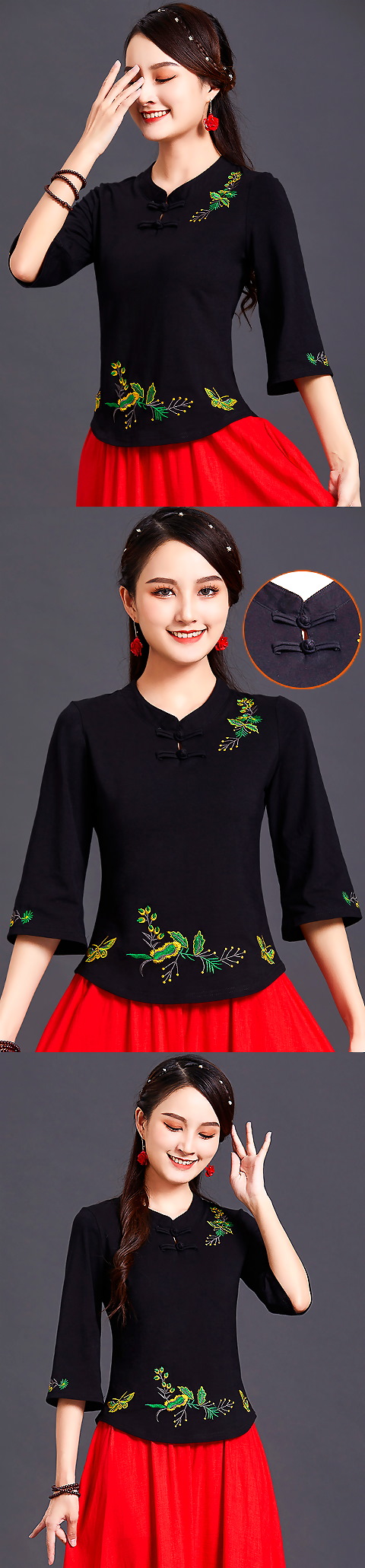 3/4-sleeve Chinese Ethnic Embroidery Blouse (RM)