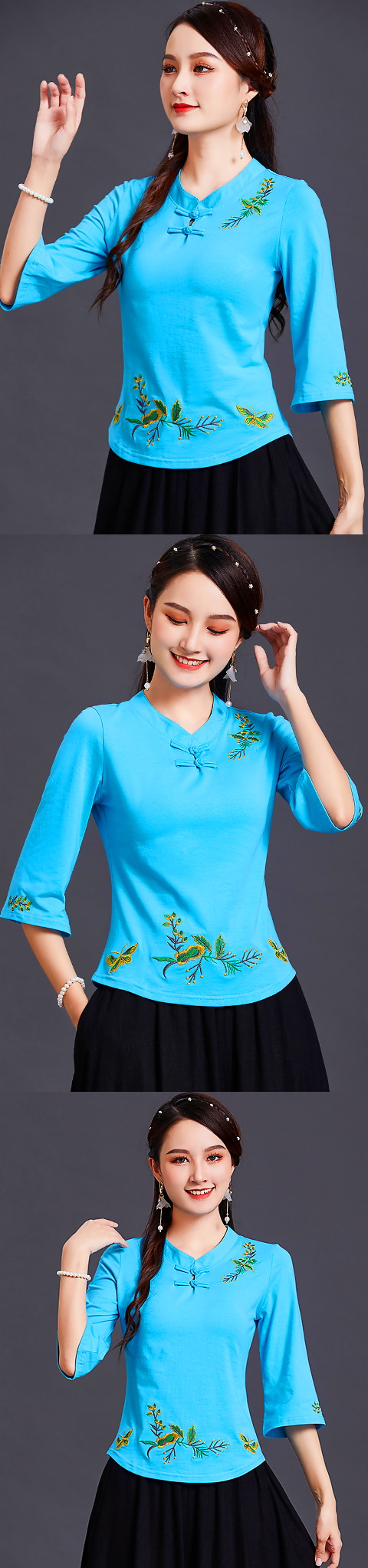 3/4-sleeve Chinese Ethnic Embroidery Blouse (RM)
