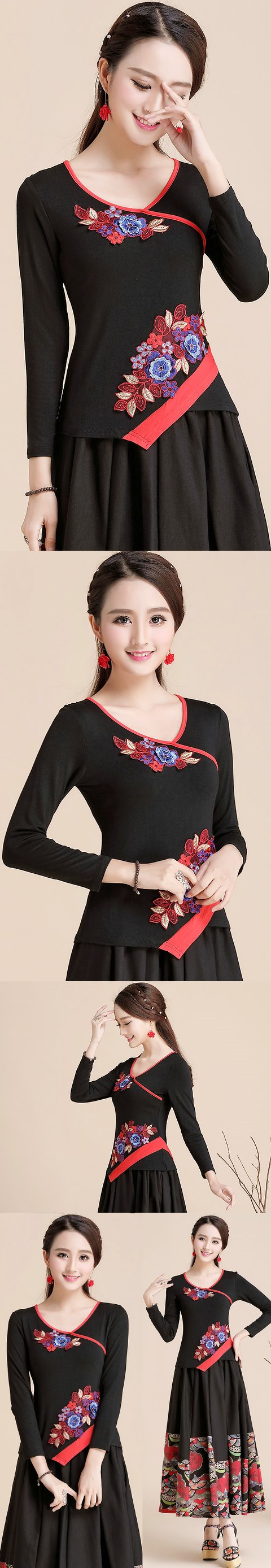 Long-sleeve Chinese Ethnic Embroidery Cotton Blouse (Ready-Made)