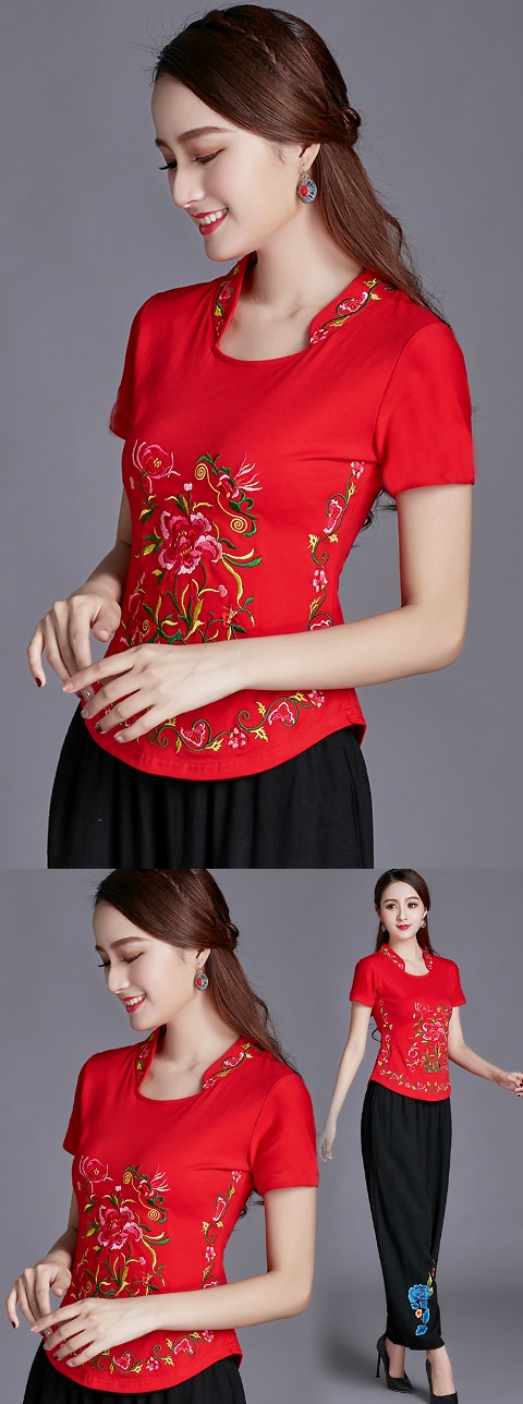 Short-sleeve Chinese Ethnic Embroidery Cotton Blouse (Ready-Made)