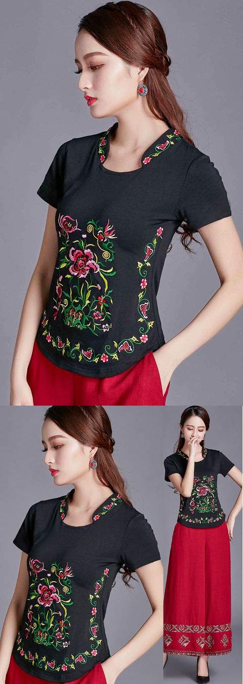 Short-sleeve Chinese Ethnic Embroidery Cotton Blouse (Ready-Made)