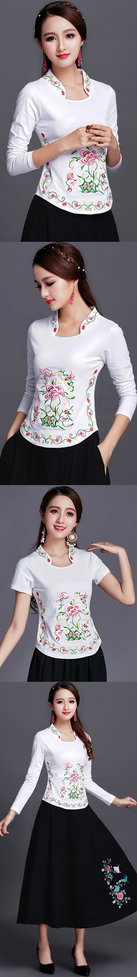 Long-sleeve Chinese Ethnic Embroidery Cotton Blouse (Ready-Made)