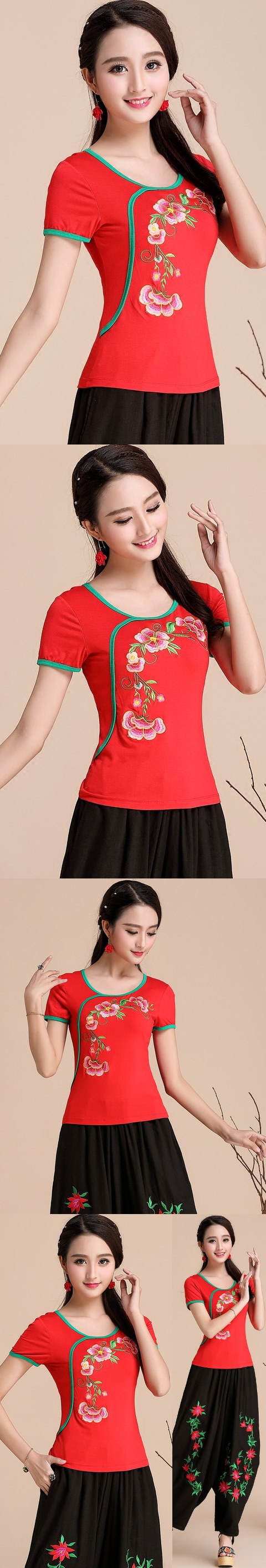 Short-sleeve Chinese Ethnic Embroidery Cotton Blouse (Ready-Made)