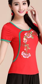 Short-sleeve Chinese Ethnic Embroidery Cotton Blouse (Ready-Made)