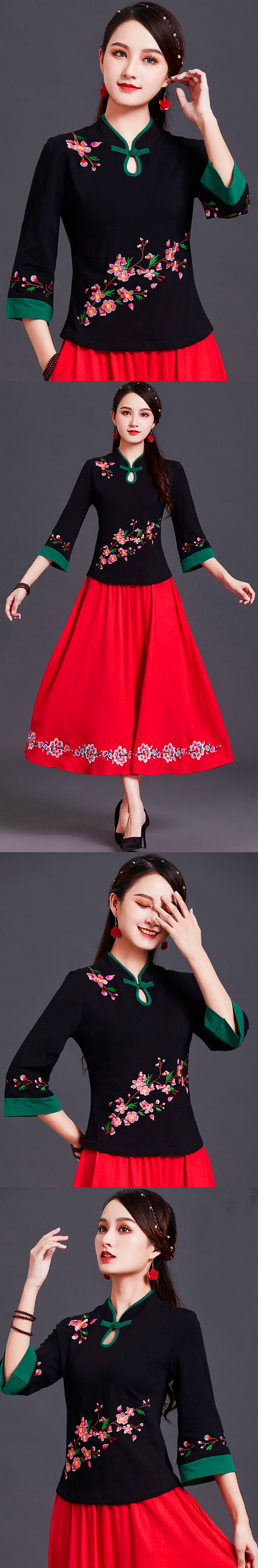 3/4-sleeve Chinese Ethnic Embroidery Blouse (RM)