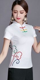 Short-sleeve Chinese Ethnic Embroidery Cotton Blouse (Ready-Made)