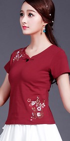 Short-sleeve Chinese Ethnic Embroidery Cotton Blouse (Ready-Made)